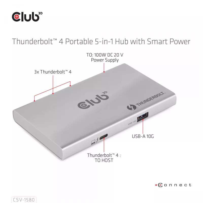 CLUB3D certifikovaný Thunderbolt™4 prenosný 5-in-1 hub so Smart Power
