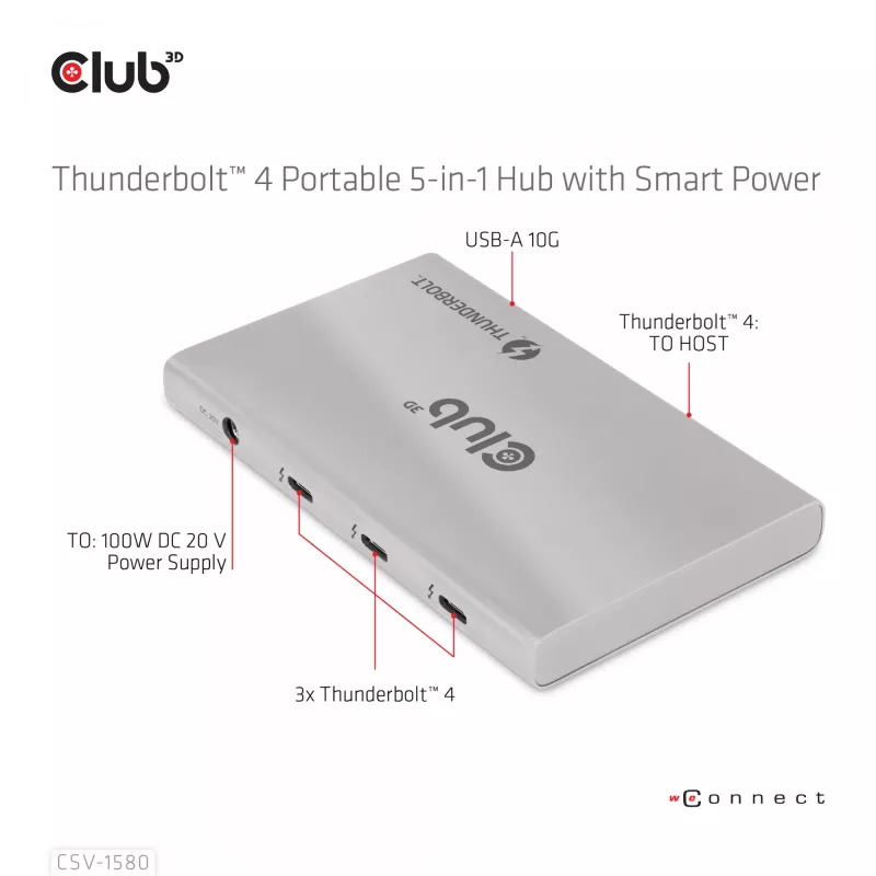 CLUB3D certifikovaný Thunderbolt™4 prenosný 5-in-1 hub so Smart Power