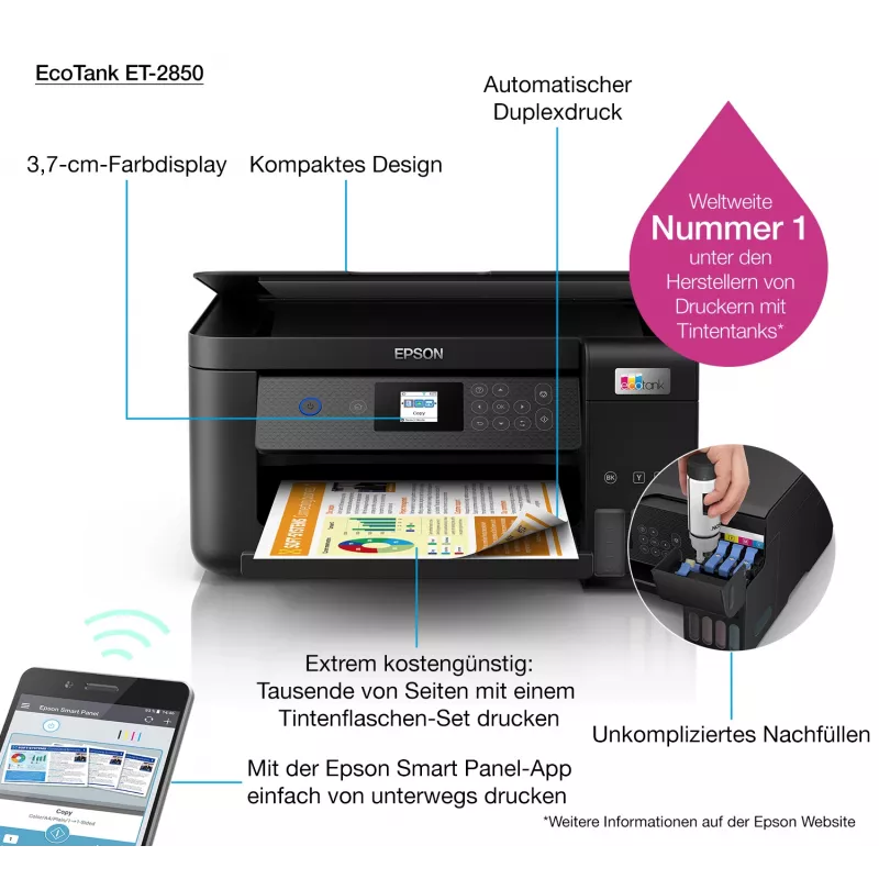 Epson EcoTank ET-2850 A4 multifunkčná WLAN atramentová tlačiareň s nádržkami