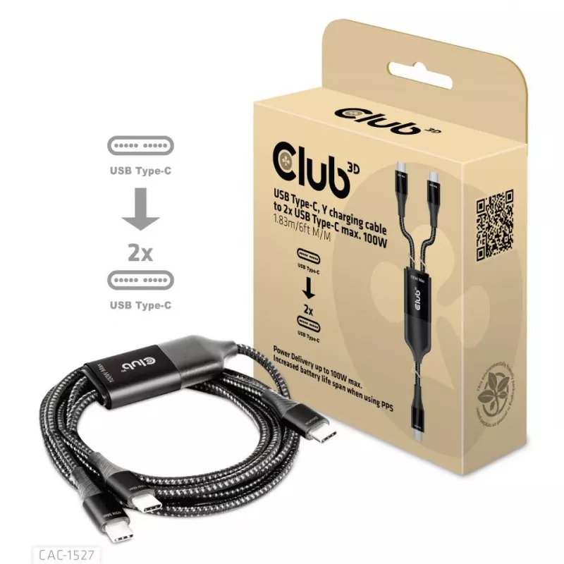 CLUB3D USB Type-C, Y-nabíjací kábel na 2x USB Type-C, max. 100W, 1,83m/6ft M/M