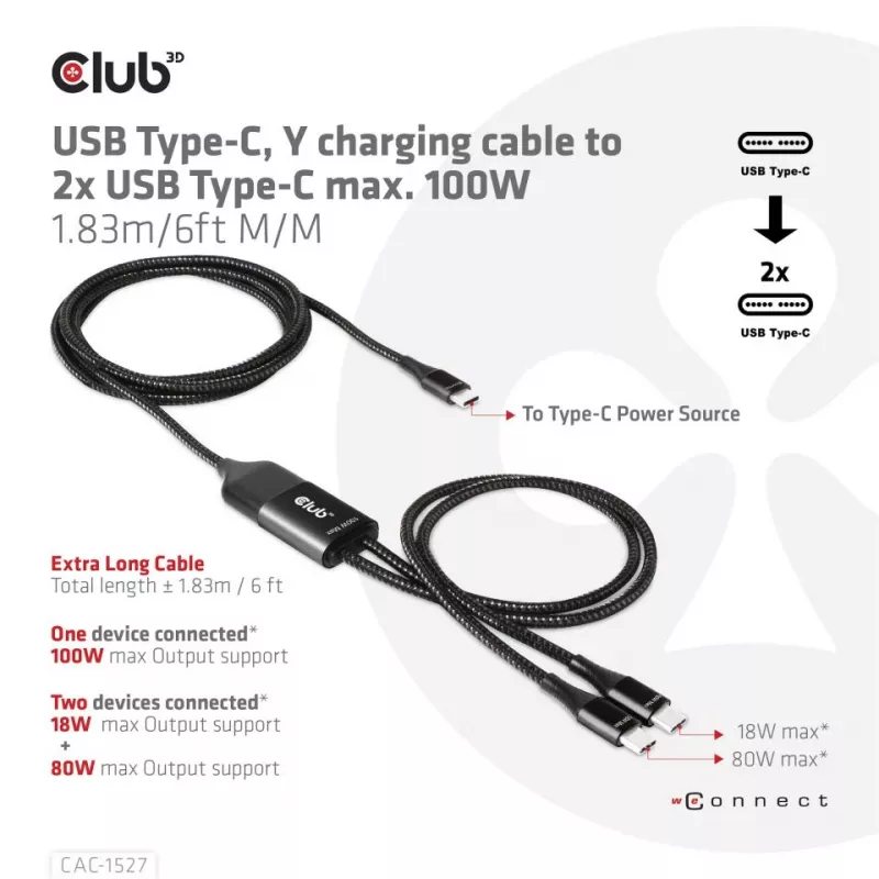 CLUB3D USB Type-C, Y-nabíjací kábel na 2x USB Type-C, max. 100W, 1,83m/6ft M/M