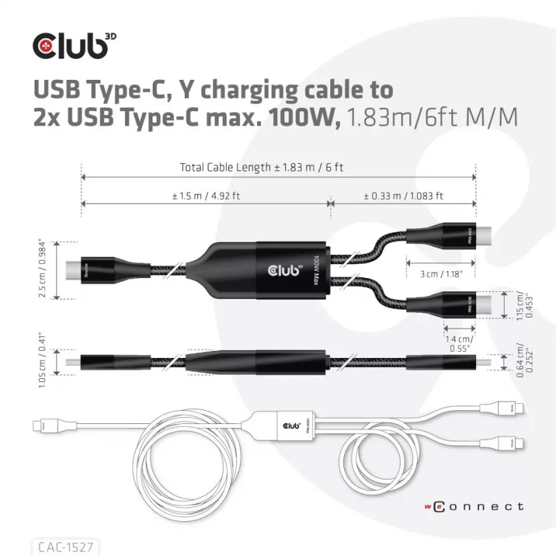CLUB3D USB Type-C, Y-nabíjací kábel na 2x USB Type-C, max. 100W, 1,83m/6ft M/M