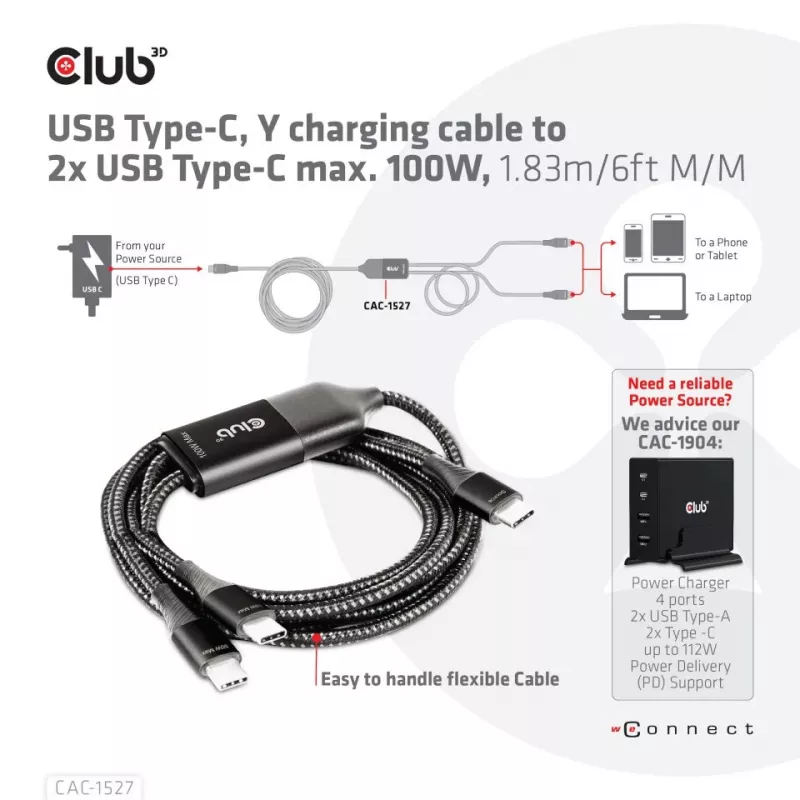 CLUB3D USB Type-C, Y-nabíjací kábel na 2x USB Type-C, max. 100W, 1,83m/6ft M/M