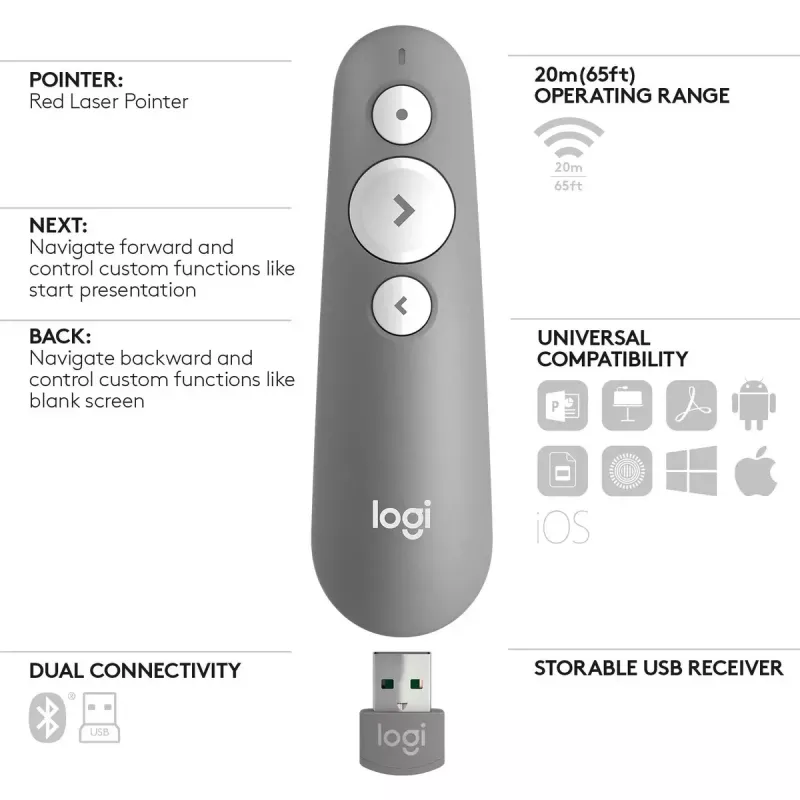 LOGITECH R500 laserový prezentačný ovládač sivý