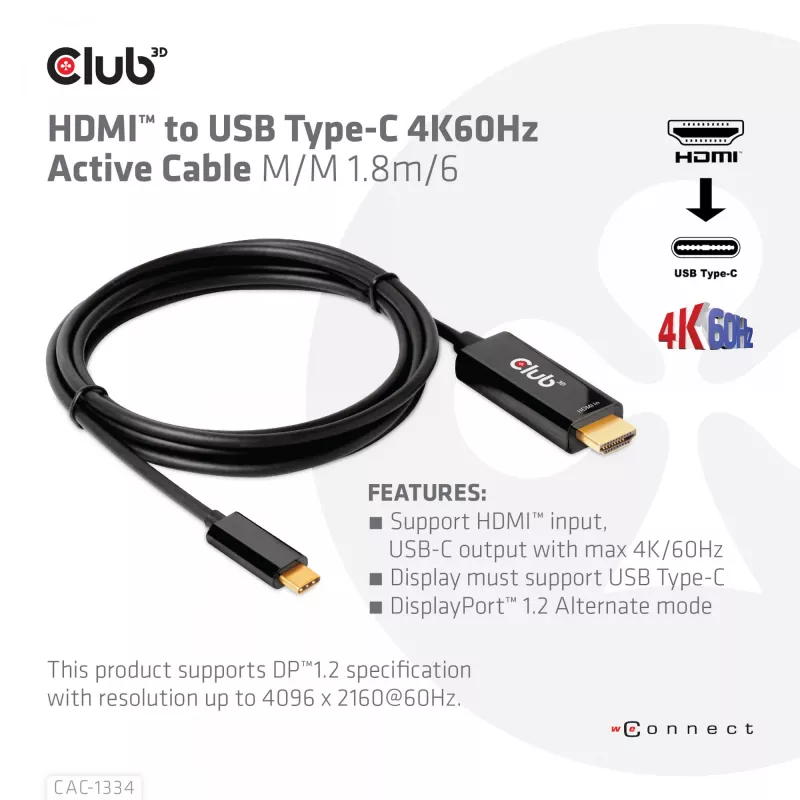 CLUB3D HDMI na USB Type-C 4K60Hz aktívny kábel M/M 1,8 m/6 ft