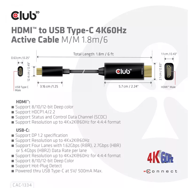 CLUB3D HDMI na USB Type-C 4K60Hz aktívny kábel M/M 1,8 m/6 ft