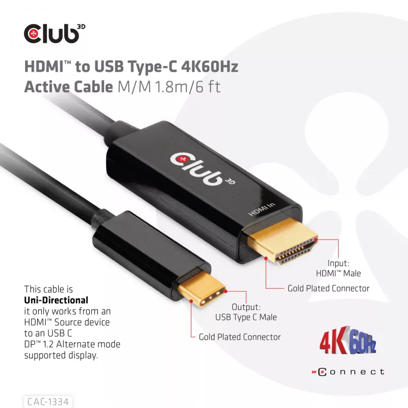 CLUB3D HDMI na USB Type-C 4K60Hz aktívny kábel M/M 1,8 m/6 ft