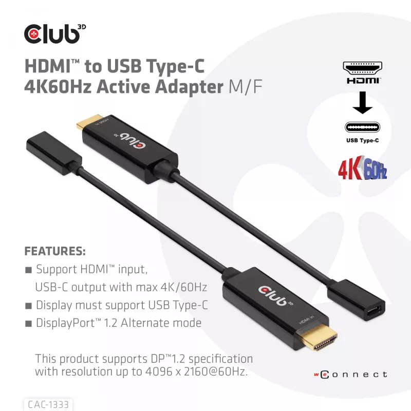 CLUB3D HDMI na USB Type-C aktívny adaptér 4K60Hz M/F