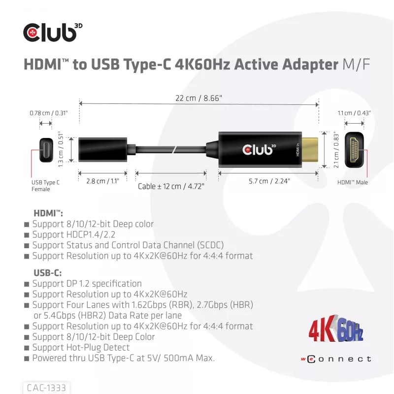 CLUB3D HDMI na USB Type-C aktívny adaptér 4K60Hz M/F