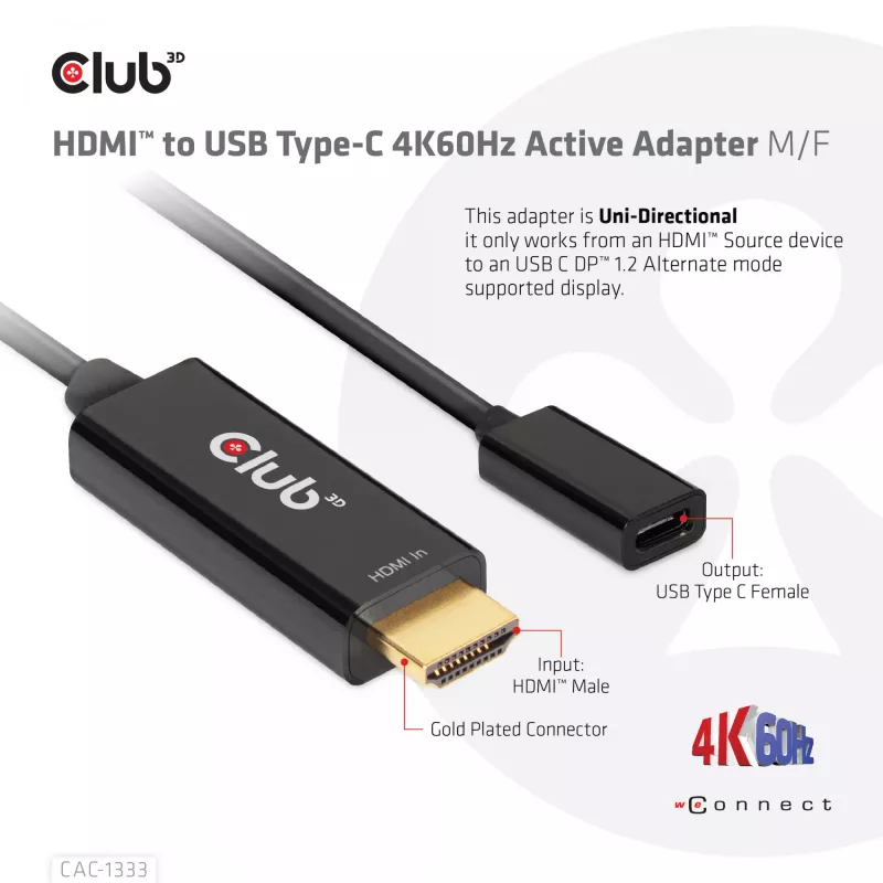 CLUB3D HDMI na USB Type-C aktívny adaptér 4K60Hz M/F
