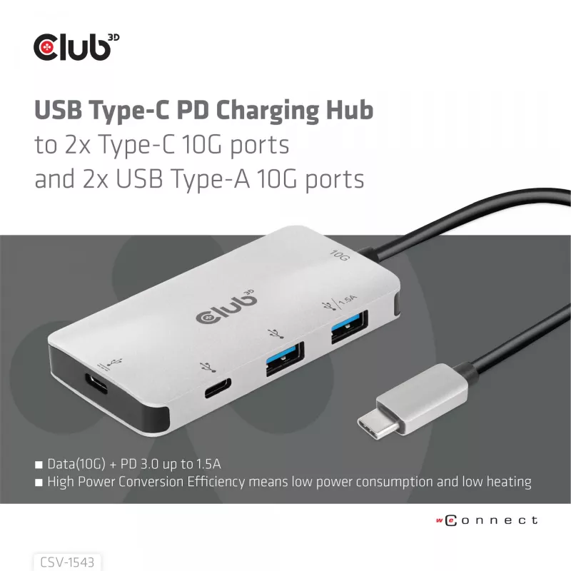 CLUB3D USB Gen2 Type-C PD nabíjací hub na 2x Type-C 10G porty a 2x USB Type-A 10G porty