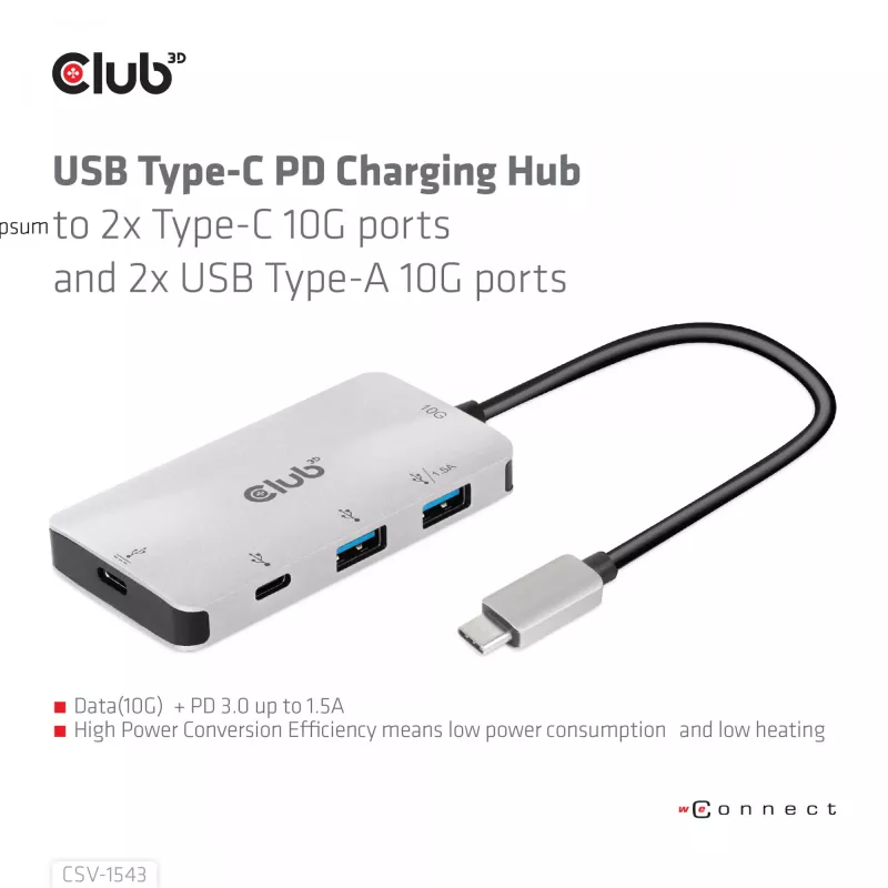 CLUB3D USB Gen2 Type-C PD nabíjací hub na 2x Type-C 10G porty a 2x USB Type-A 10G porty