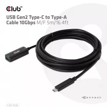 CLUB3D USB Gen2 Type-C na Type-A kábel 10Gbps M/F 5m/16.4ft