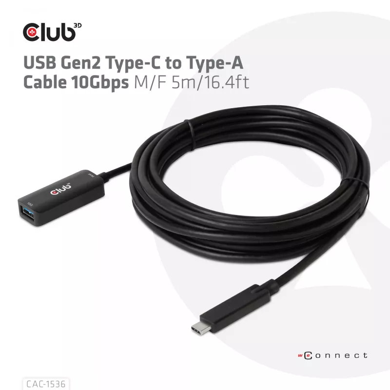 Club 3D CAC-1536 USB 3.2 Gen2 Type-C na Type-A predlžovací kábel, 10 Gbps, samec/samica, 5 m, čierny