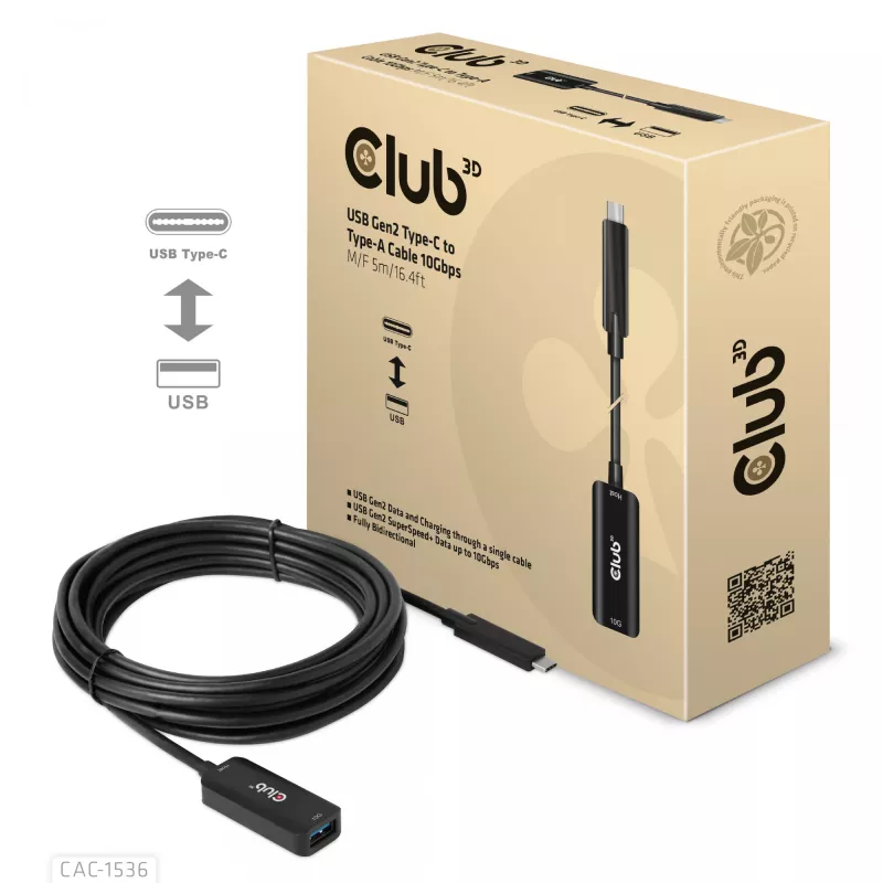 Club 3D CAC-1536 USB 3.2 Gen2 Type-C na Type-A predlžovací kábel, 10 Gbps, samec/samica, 5 m, čierny