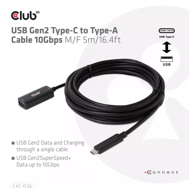 Club 3D CAC-1536 USB 3.2 Gen2 Type-C na Type-A predlžovací kábel, 10 Gbps, samec/samica, 5 m, čierny