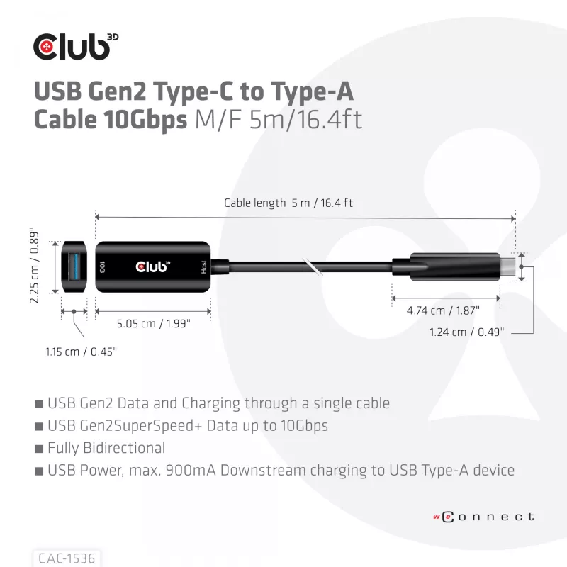 Club 3D CAC-1536 USB 3.2 Gen2 Type-C na Type-A predlžovací kábel, 10 Gbps, samec/samica, 5 m, čierny