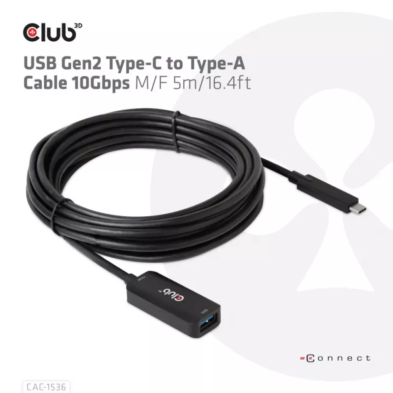 Club 3D CAC-1536 USB 3.2 Gen2 Type-C na Type-A predlžovací kábel, 10 Gbps, samec/samica, 5 m, čierny
