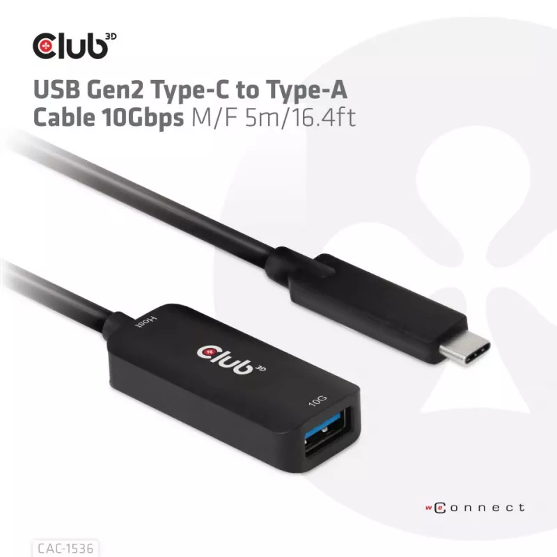 Club 3D CAC-1536 USB 3.2 Gen2 Type-C na Type-A predlžovací kábel, 10 Gbps, samec/samica, 5 m, čierny