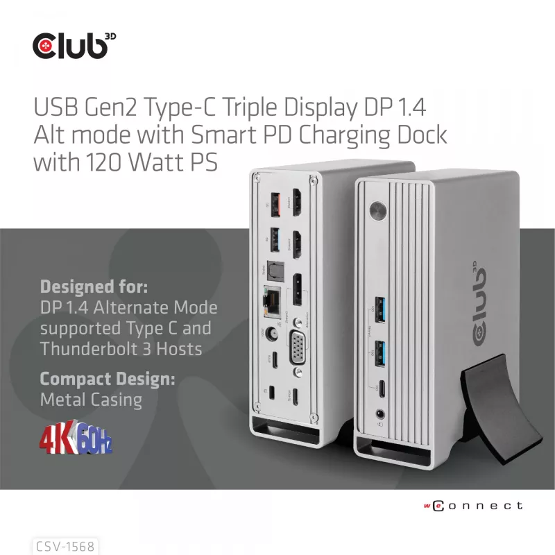 Dokovacia stanica CLUB3D CSV-1568 kovové puzdro USB Gen2 Type-C USB Gen2 Type-A HDMI DP VGA RJ45 120W