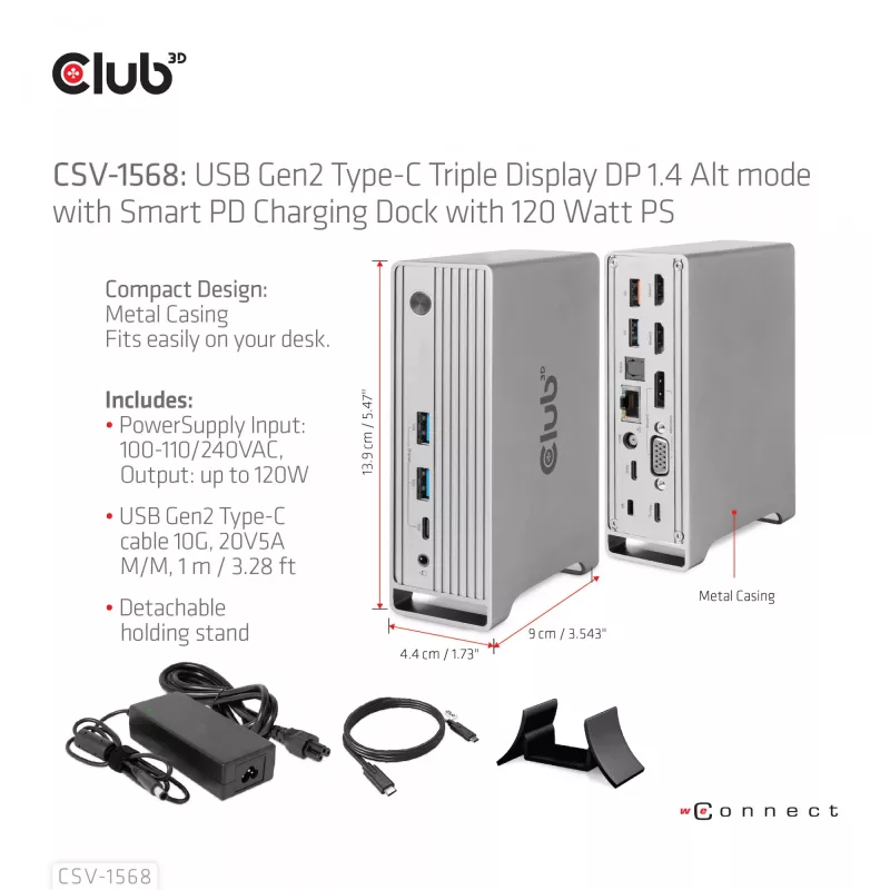 Dokovacia stanica CLUB3D CSV-1568 kovové puzdro USB Gen2 Type-C USB Gen2 Type-A HDMI DP VGA RJ45 120W
