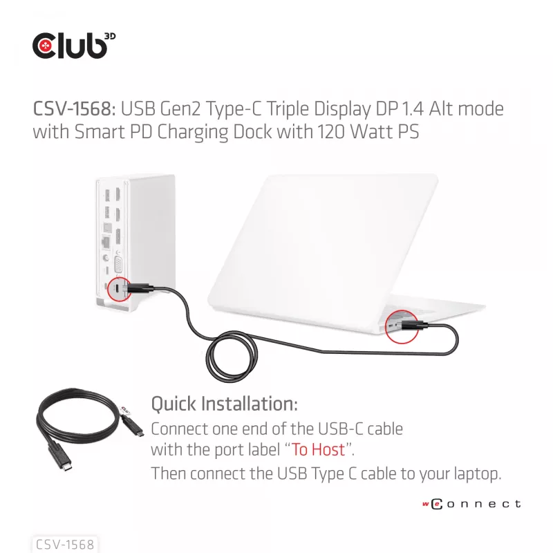 Dokovacia stanica CLUB3D CSV-1568 kovové puzdro USB Gen2 Type-C USB Gen2 Type-A HDMI DP VGA RJ45 120W