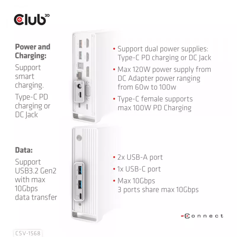 Dokovacia stanica CLUB3D CSV-1568 kovové puzdro USB Gen2 Type-C USB Gen2 Type-A HDMI DP VGA RJ45 120W