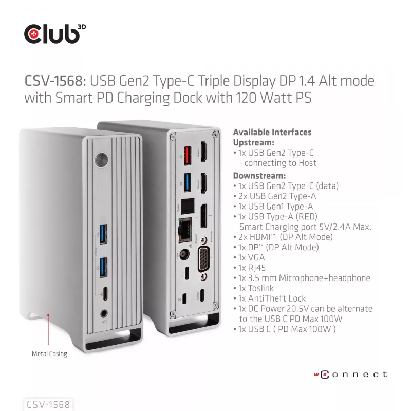 Dokovacia stanica CLUB3D CSV-1568 kovové puzdro USB Gen2 Type-C USB Gen2 Type-A HDMI DP VGA RJ45 120W