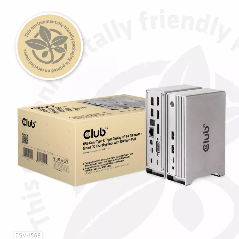 Dokovacia stanica CLUB3D CSV-1568 kovové puzdro USB Gen2 Type-C USB Gen2 Type-A HDMI DP VGA RJ45 120W