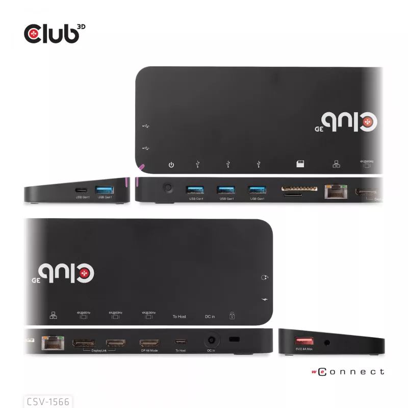 CLUB3D USB Gen1 Type-C Triple Display DP Alt Mode Displaylink Dynamic PD Charging Dock so 120 W napájacím zdrojom