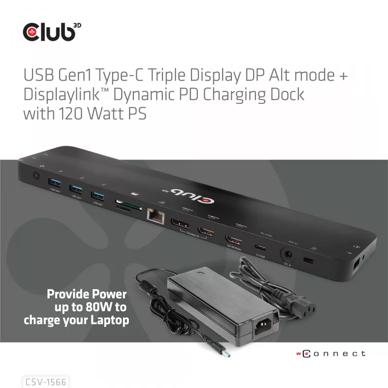 CLUB3D USB Gen1 Type-C Triple Display DP Alt Mode Displaylink Dynamic PD Charging Dock so 120 W napájacím zdrojom
