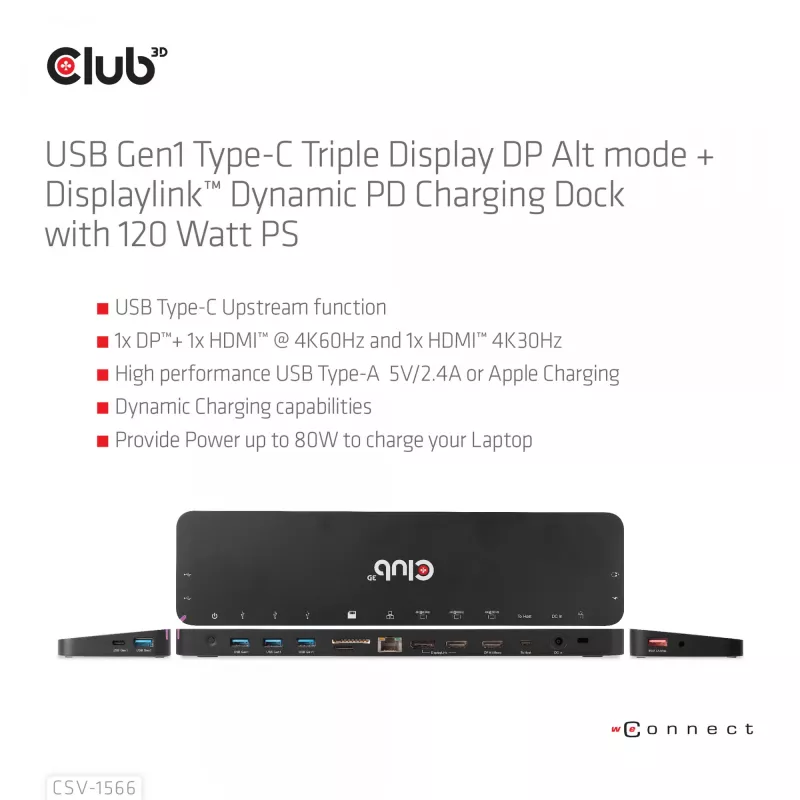 CLUB3D USB Gen1 Type-C Triple Display DP Alt Mode Displaylink Dynamic PD Charging Dock so 120 W napájacím zdrojom