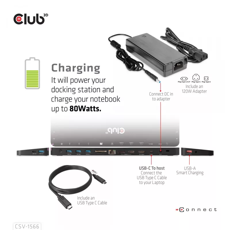 CLUB3D USB Gen1 Type-C Triple Display DP Alt Mode Displaylink Dynamic PD Charging Dock so 120 W napájacím zdrojom