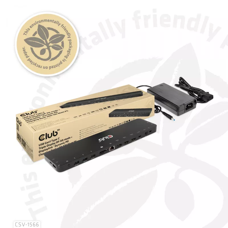 CLUB3D USB Gen1 Type-C Triple Display DP Alt Mode Displaylink Dynamic PD Charging Dock so 120 W napájacím zdrojom