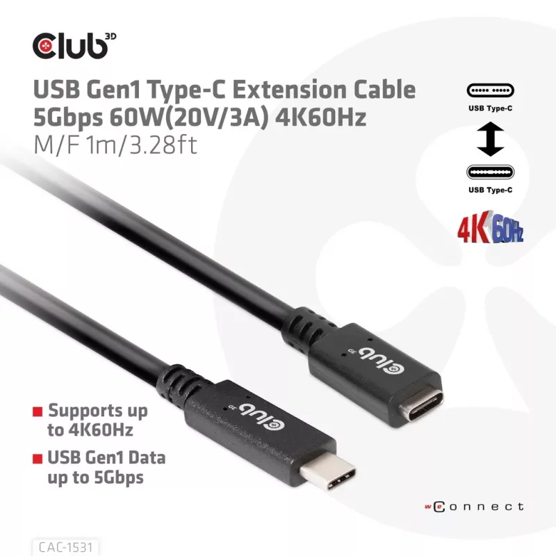 USB Gen1 Type-C predlžovací kábel CLUB3D CAC-1531, 1 m, USB-C konektor samec na 2× USB-C konektor samica, 5 Gbps, 60 W PD, 4K@60Hz