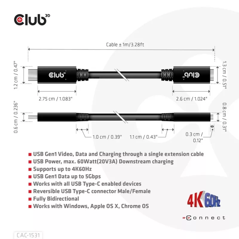 USB Gen1 Type-C predlžovací kábel CLUB3D CAC-1531, 1 m, USB-C konektor samec na 2× USB-C konektor samica, 5 Gbps, 60 W PD, 4K@60Hz