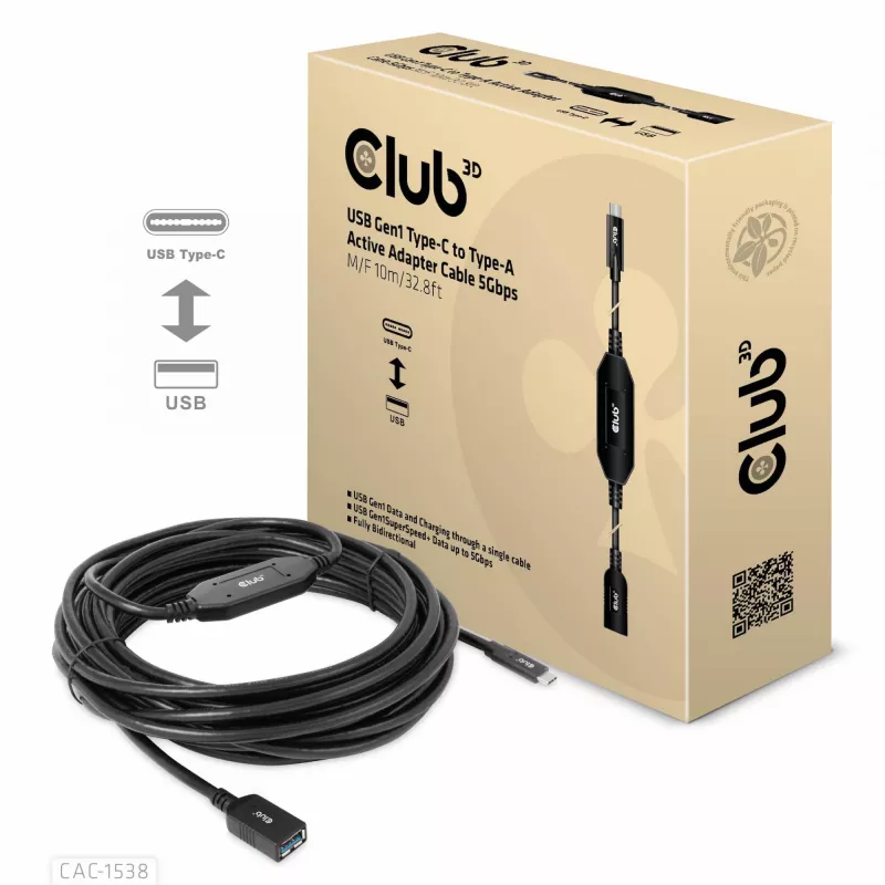 Club 3D CAC-1538 aktívny kábel USB-C na USB-A, USB 3.2 Gen1 5 Gbps, samec/samica, 10 m, čierny