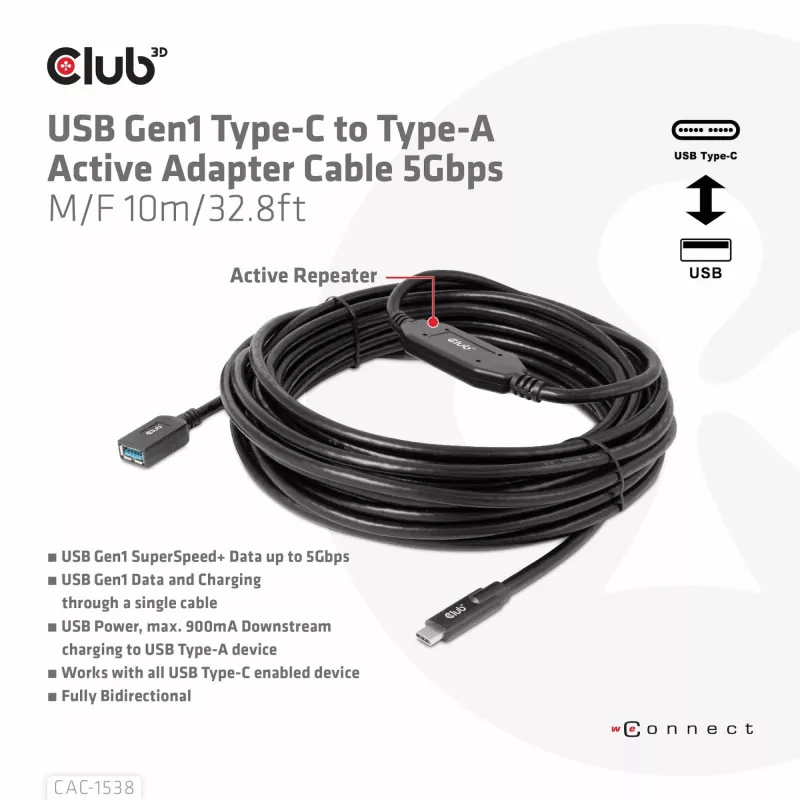 Club 3D CAC-1538 aktívny kábel USB-C na USB-A, USB 3.2 Gen1 5 Gbps, samec/samica, 10 m, čierny