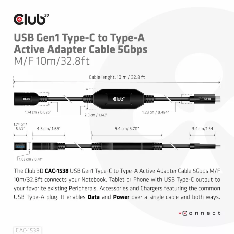 Club 3D CAC-1538 aktívny kábel USB-C na USB-A, USB 3.2 Gen1 5 Gbps, samec/samica, 10 m, čierny