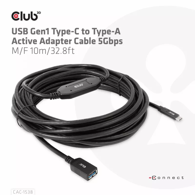 Club 3D CAC-1538 aktívny kábel USB-C na USB-A, USB 3.2 Gen1 5 Gbps, samec/samica, 10 m, čierny
