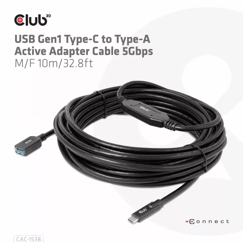 Club 3D CAC-1538 aktívny kábel USB-C na USB-A, USB 3.2 Gen1 5 Gbps, samec/samica, 10 m, čierny