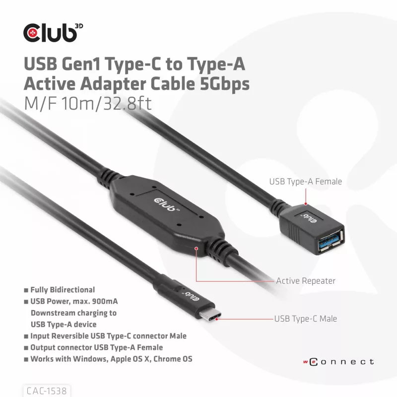 Club 3D CAC-1538 aktívny kábel USB-C na USB-A, USB 3.2 Gen1 5 Gbps, samec/samica, 10 m, čierny