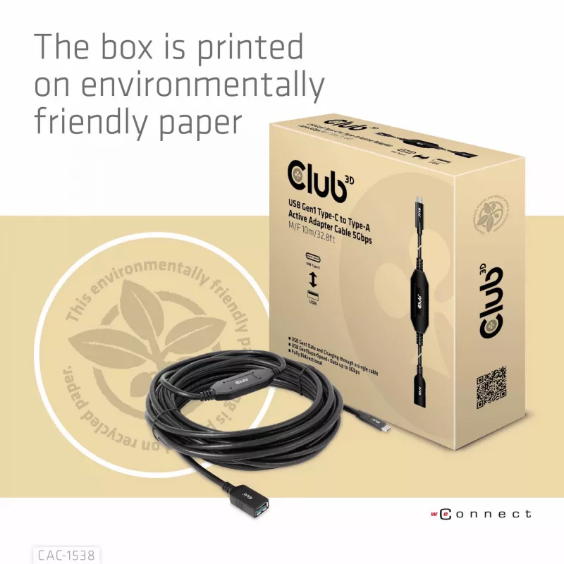 Club 3D CAC-1538 aktívny kábel USB-C na USB-A, USB 3.2 Gen1 5 Gbps, samec/samica, 10 m, čierny