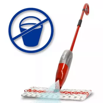 Mop VILEDA Spray Max mikrovlákno suchý & mokrý — plastová hlava, 0,6 l nádržka na vodu, antibakteriálny, biela/červená