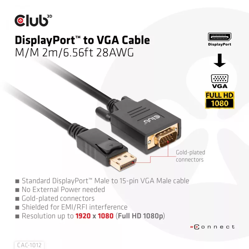DisplayPort na VGA kábel M/M CLUB3D CAC-1012 2m