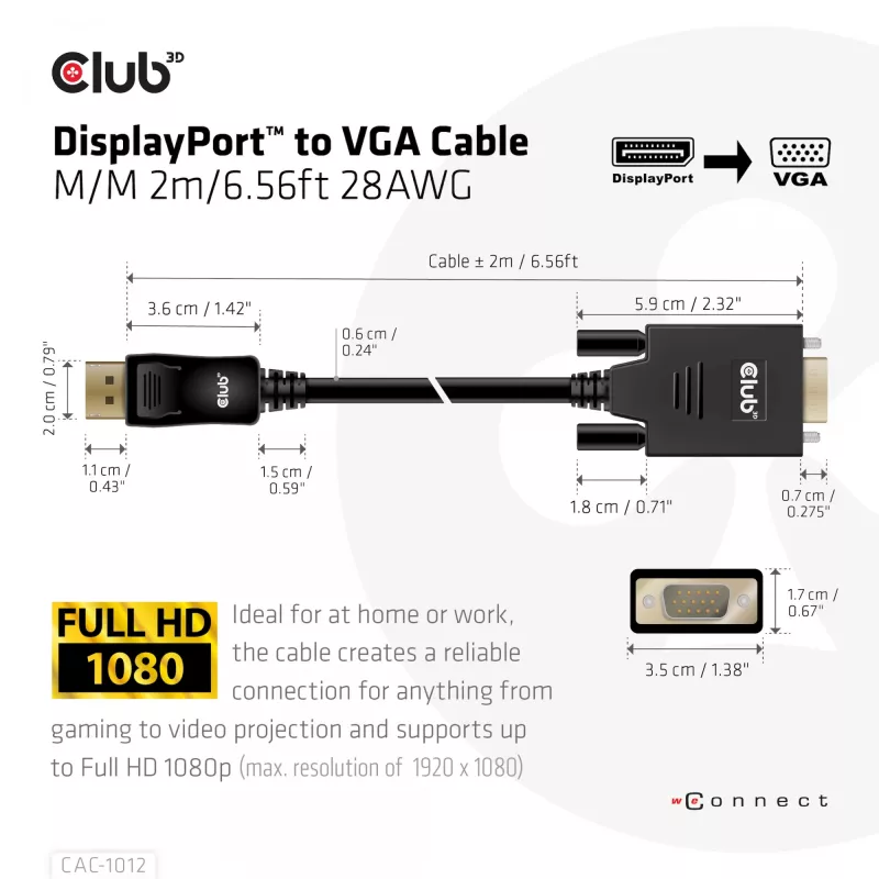 DisplayPort na VGA kábel M/M CLUB3D CAC-1012 2m