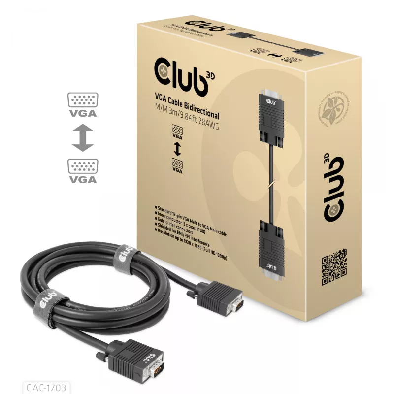 VGA kábel, obojsmerný, M/M, 3 m, 28AWG, CLUB3D CAC-1703