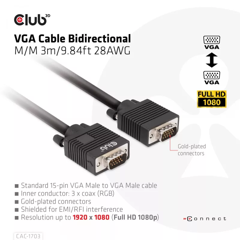 VGA kábel, obojsmerný, M/M, 3 m, 28AWG, CLUB3D CAC-1703
