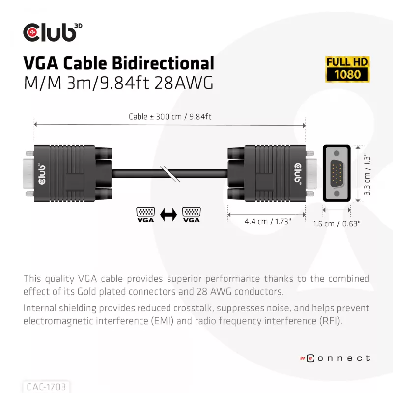 VGA kábel, obojsmerný, M/M, 3 m, 28AWG, CLUB3D CAC-1703
