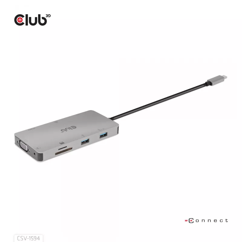 CLUB3D USB Gen1 Type-C 9-in-1 hub s HDMI, VGA, 2x USB Gen1 Type-A, RJ45, SD/Micro SD čítačka kariet a USB Gen1 Type-C konektor samica